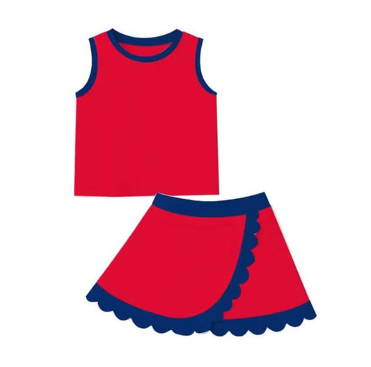 MOQ 30 PCS preorder GSD4097 4th of July Solid Red Blue Wave Ruffle Sleeveless Top with Skirts for Girls Yoga Sets 202604