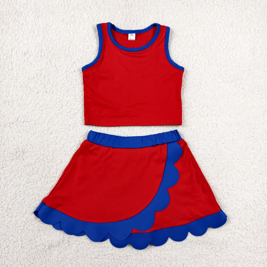 GSD4097 4th of July Solid Red Blue Wave Ruffle Sleeveless Top with Skirts for Girls Yoga Sets 202606 RTS