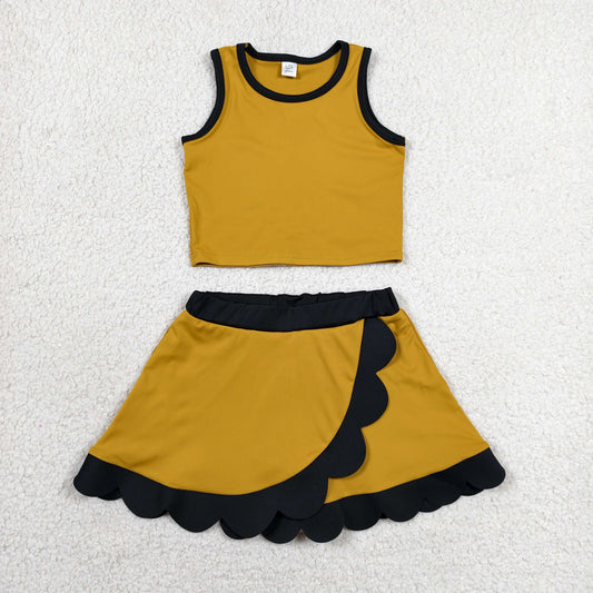 GSD4099 Solid Golden Black Wave Ruffle Sleeveless Top with Skirts for Girls Yoga Sets 202606 RTS