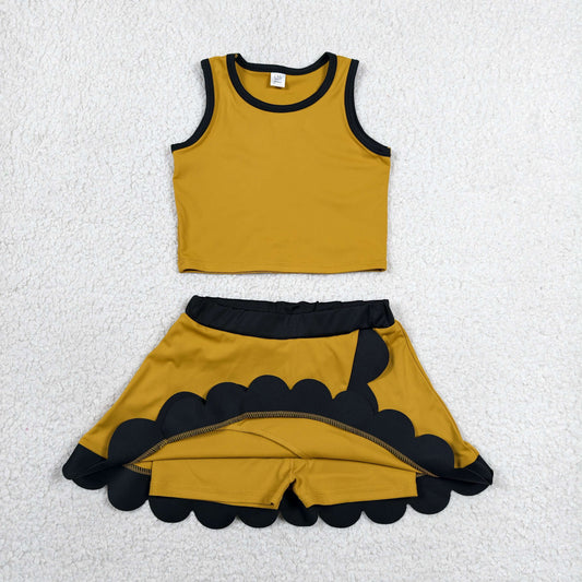 GSD4099 Solid Golden Black Wave Ruffle Sleeveless Top with Skirts for Girls Yoga Sets 202606 RTS