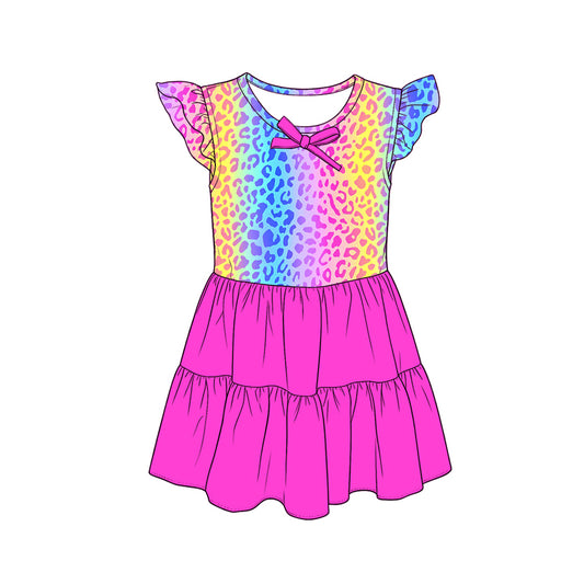 MOQ 5 PCS Preorder GSD4103 Colored Leopard Rose Red Bows Fly Sleeve Dresses for Girls 202604