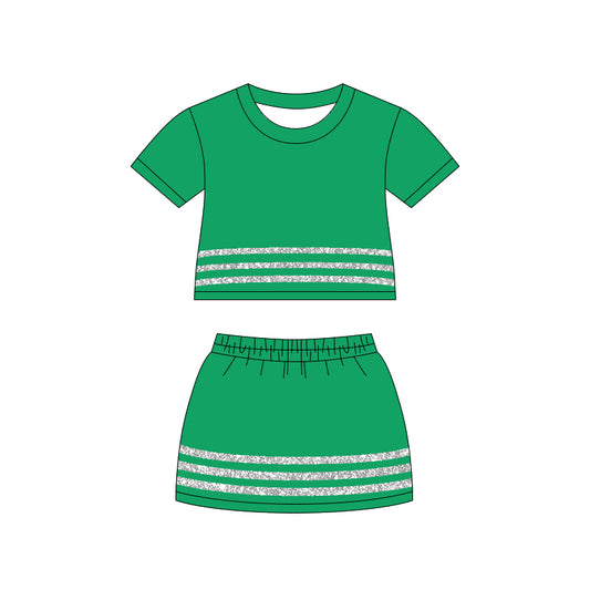 MOQ 5 PCS preorder GSD4106 Sequined Stripe Solid Green Short Sleeve Top with Skirts for Girls Sets 202604