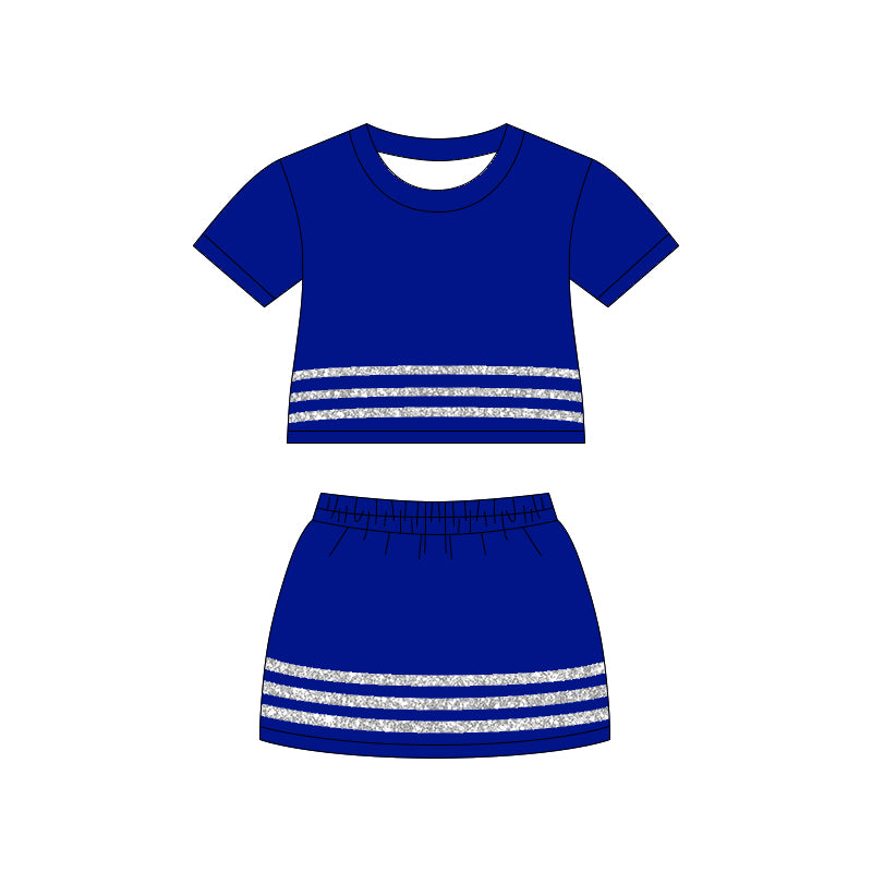 MOQ 5 PCS preorder GSD4107 Sequined Stripe Solid Blue Short Sleeve Top with Skirts for Girls Sets 202604