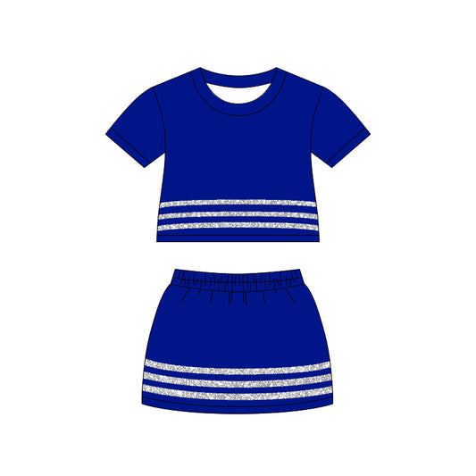 MOQ 5 PCS preorder GSD4107 Sequined Stripe Solid Blue Short Sleeve Top with Skirts for Girls Sets 202604