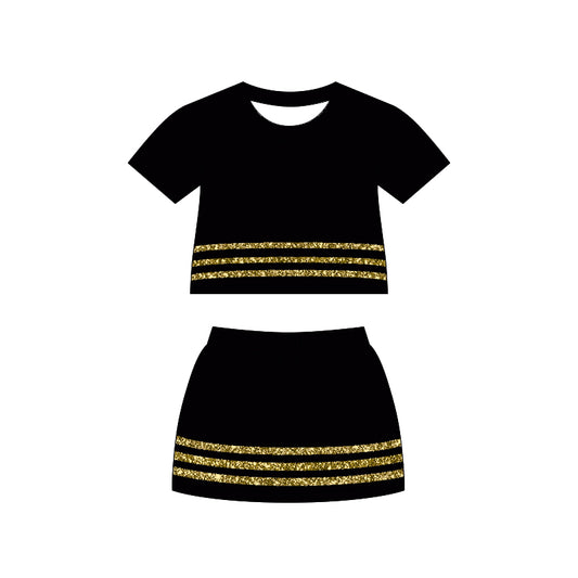 MOQ 5 PCS preorder GSD4108 Sequined Stripe Solid Black Short Sleeve Top with Skirts for Girls Sets 202604