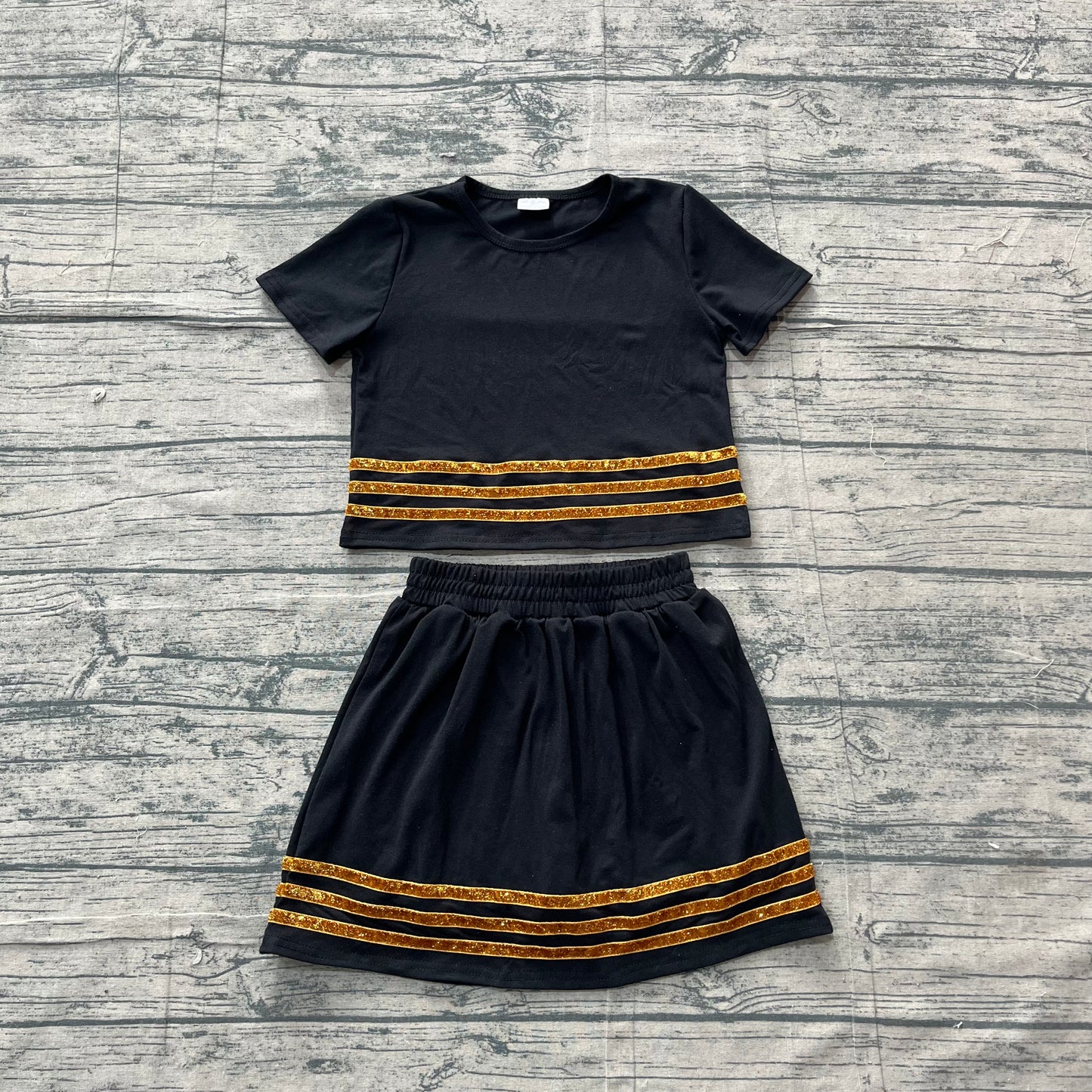 NO MOQ preorder GSD4108 Sequined Stripe Solid Black Short Sleeve Top with Skirts for Girls Sets 202605