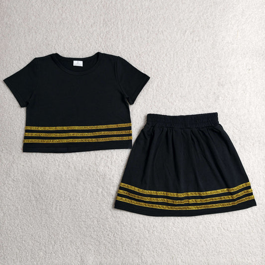 GSD4108 Sequined Stripe Solid Black Short Sleeve Top with Skirts for Girls Sets 202606 RTS
