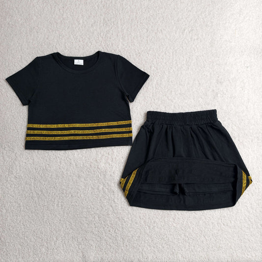 GSD4108 Sequined Stripe Solid Black Short Sleeve Top with Skirts for Girls Sets 202606 RTS