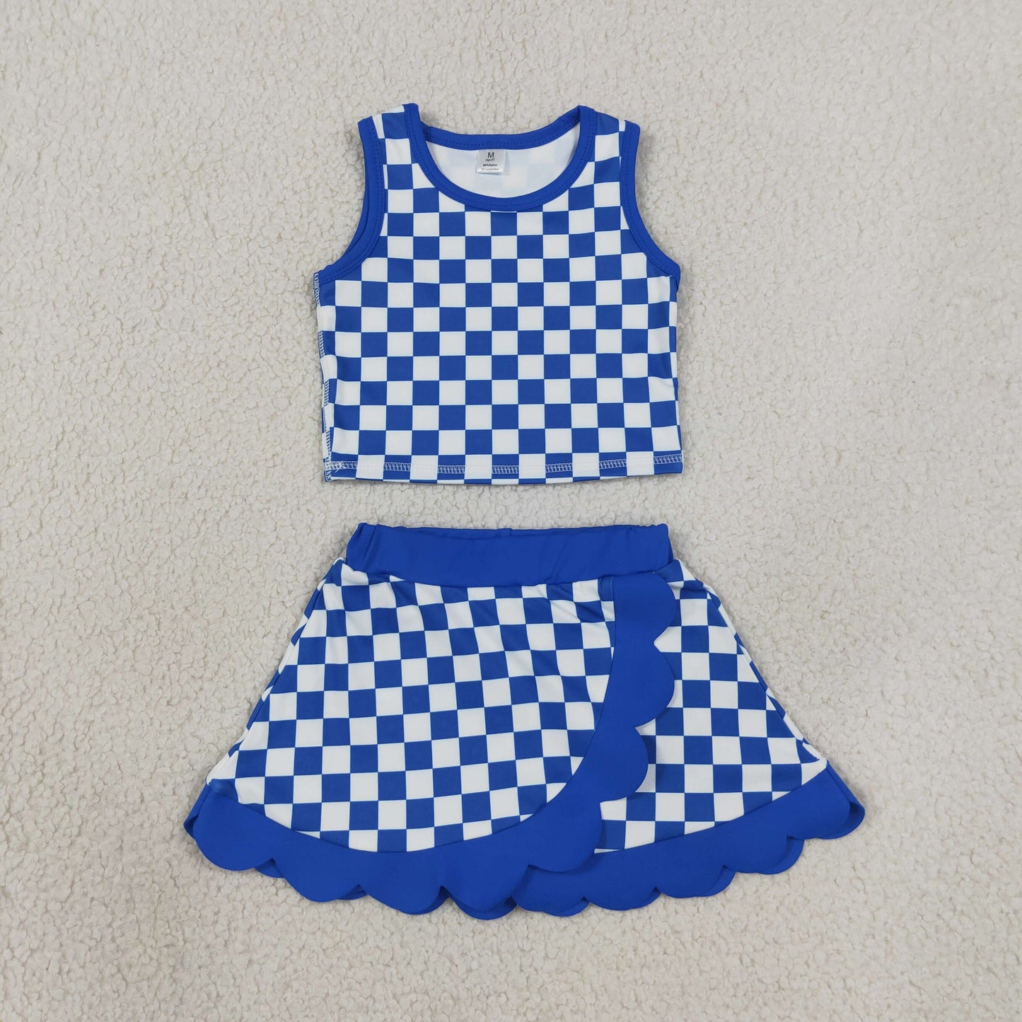 GSD4110 Solid Blue Plaid Wave Ruffle Sleeveless Top with Skirts for Girls Yoga Sets 202607 RTS