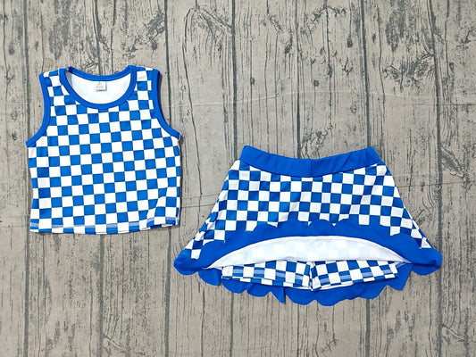 NO MOQ preorder GSD4110 Solid Blue Plaid Wave Ruffle Sleeveless Top with Skirts for Girls Yoga Sets 202606