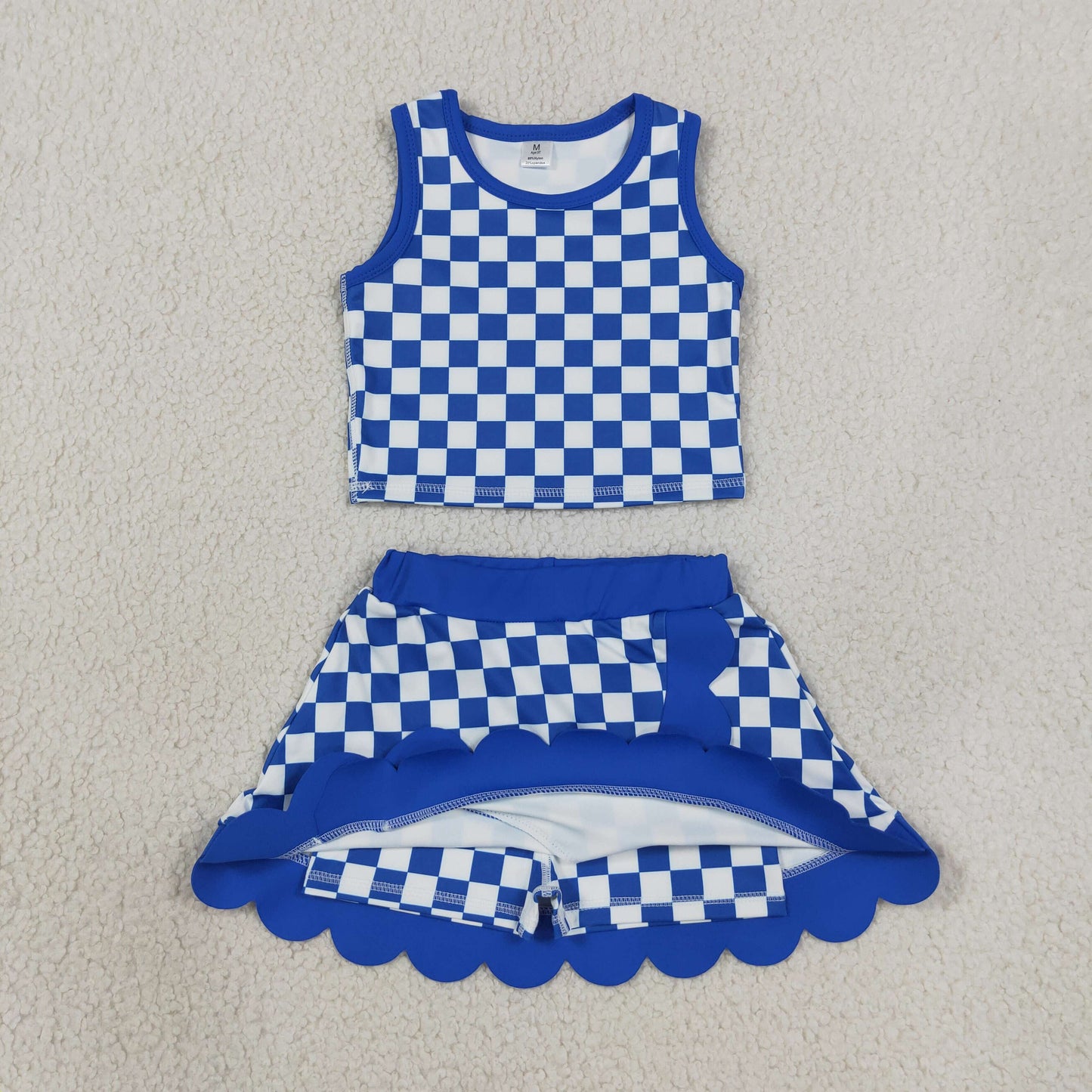 GSD4110 Solid Blue Plaid Wave Ruffle Sleeveless Top with Skirts for Girls Yoga Sets 202607 RTS