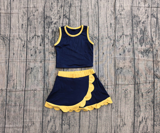 NO MOQ preorder GSD4111 Solid Navy Golden Wave Ruffle Sleeveless Top with Skirts for Girls Yoga Sets 202605