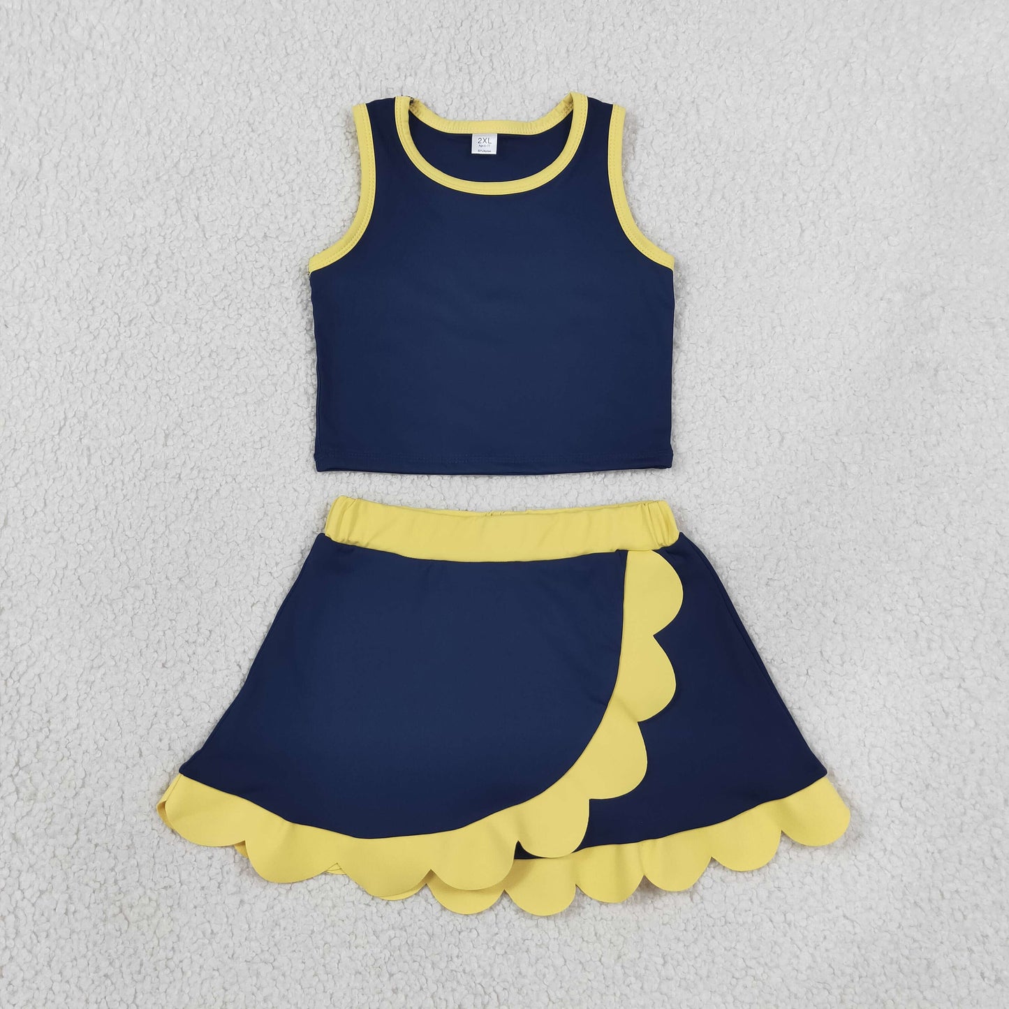 GSD4111 Solid Navy Golden Wave Ruffle Sleeveless Top with Skirts for Girls Yoga Sets 202607 RTS