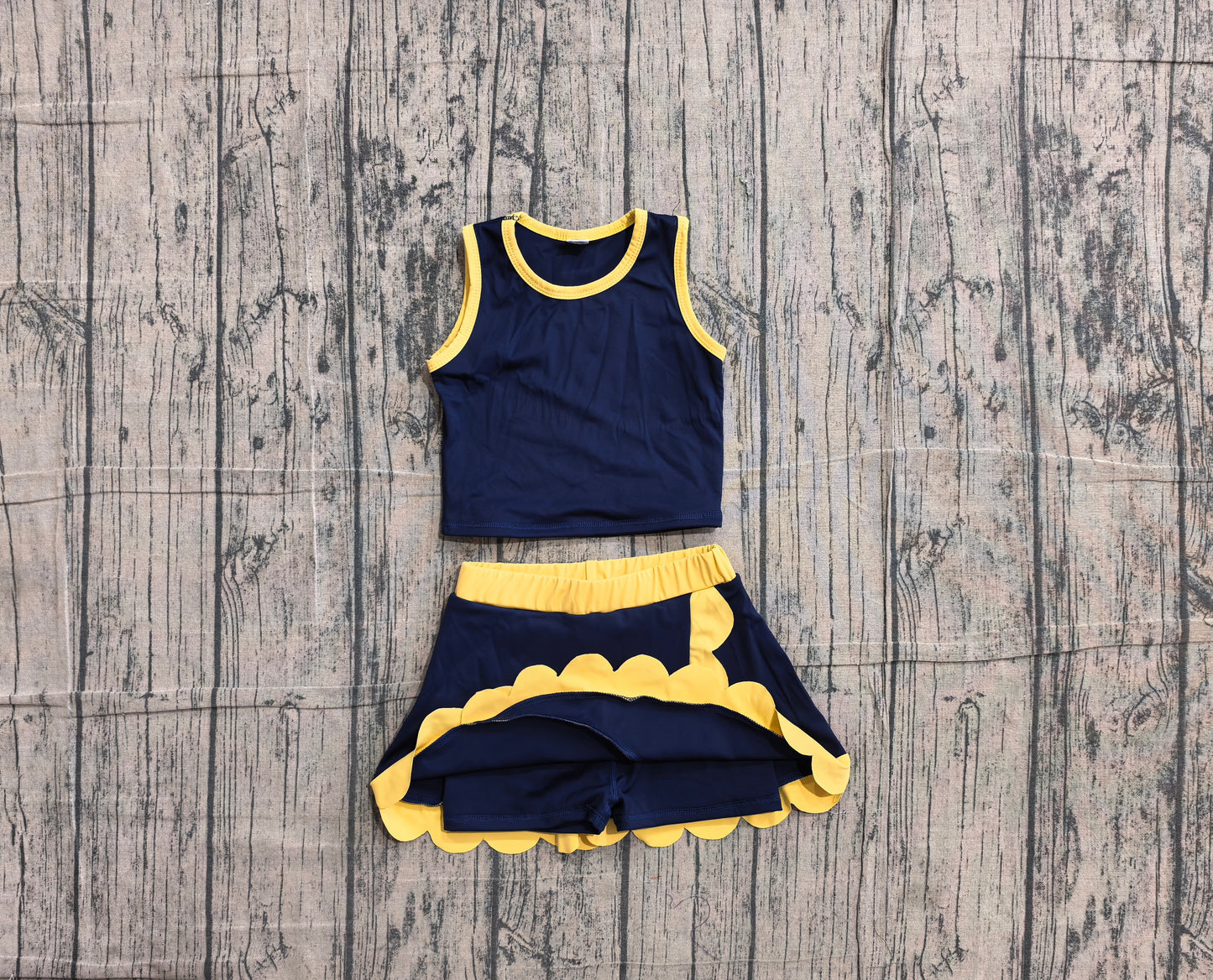 NO MOQ preorder GSD4111 Solid Navy Golden Wave Ruffle Sleeveless Top with Skirts for Girls Yoga Sets 202605