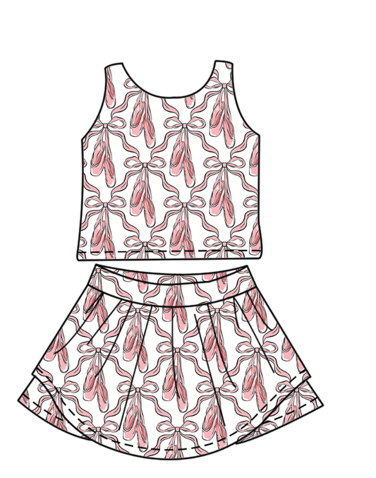 MOQ 5 PCS preorder GSD4112 Pink Bows Shoes White Sleeveless Top with Skirts for Girls Yoga Sets 202604