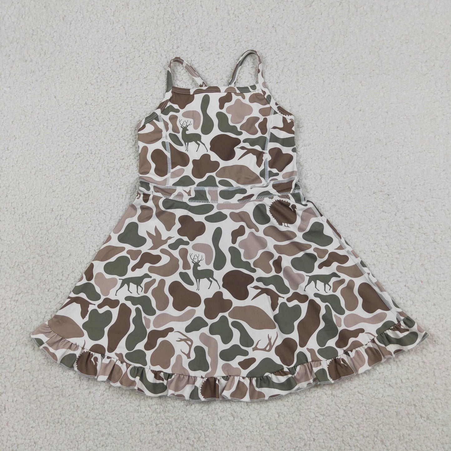 GSD4117原sku-GSD2311 Puppy Deer Duck Hunting Gray Camouflage Ruffle Halter Yoga Dresses for Girls 202605 RTS