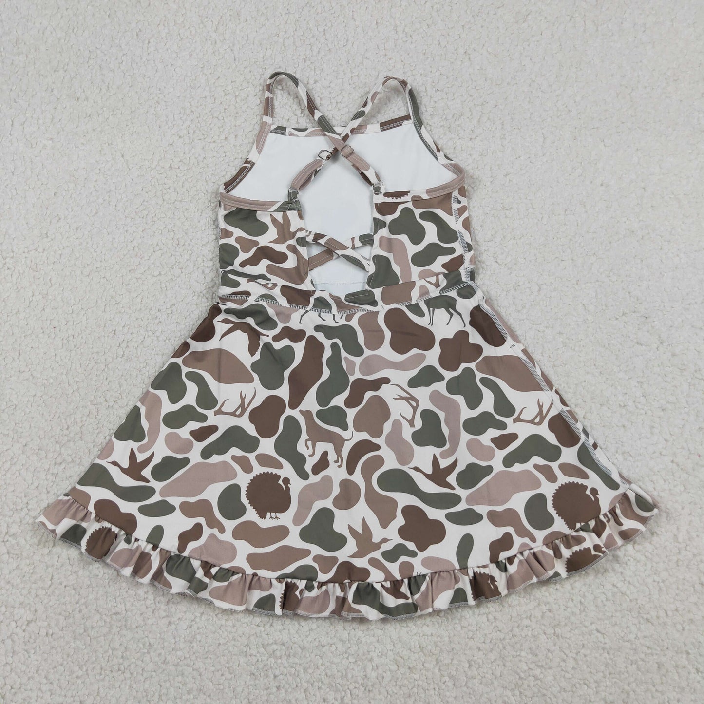GSD4117原sku-GSD2311 Puppy Deer Duck Hunting Gray Camouflage Ruffle Halter Yoga Dresses for Girls 202605 RTS
