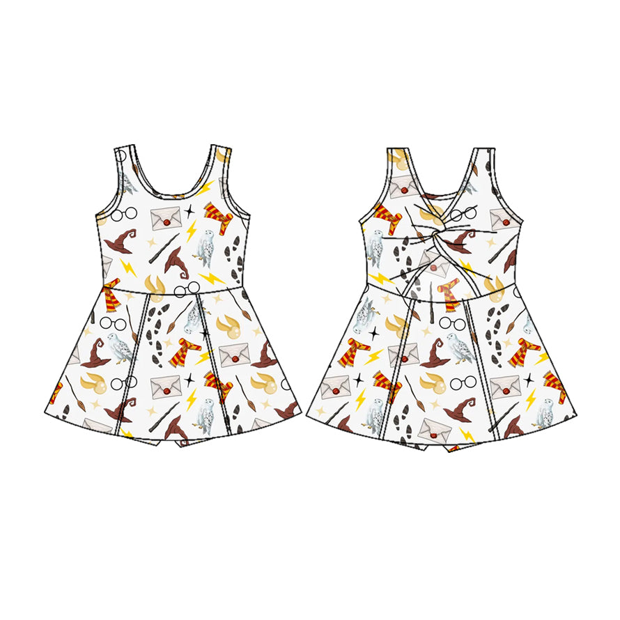 MOQ 5 PCS Preorder GSD4119 Magical Movie Harry Potter Glasses Broom Owl White Sleeveless Yoga Dresses for Girls 202604