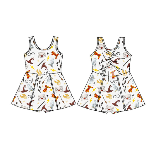 MOQ 5 PCS Preorder GSD4119 Magical Movie Harry Potter Glasses Broom Owl White Sleeveless Yoga Dresses for Girls 202604