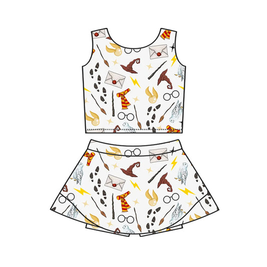 MOQ 5 PCS Preorder GSD4120 Magical Movie Harry Potter Glasses Broom Owl White Sleeveless Skirts Yoga Girls Sets 202604