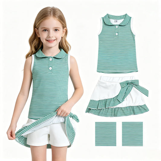 GSD4121 GO TEAM Dark Green Stripe Polo Sleeveless Top with Skirts for Girls Yoga Sets 202606 RTS