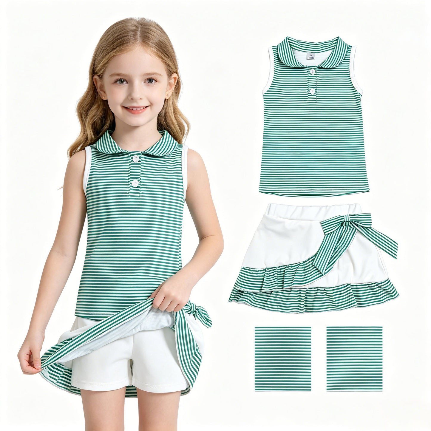 GSD4121 GO TEAM Dark Green Stripe Polo Sleeveless Top with Skirts for Girls Yoga Sets 202606 RTS