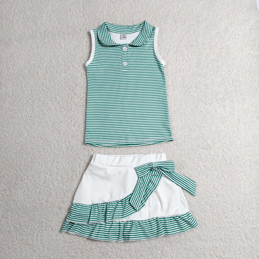 GSD4121 GO TEAM Dark Green Stripe Polo Sleeveless Top with Skirts for Girls Yoga Sets 202606 RTS