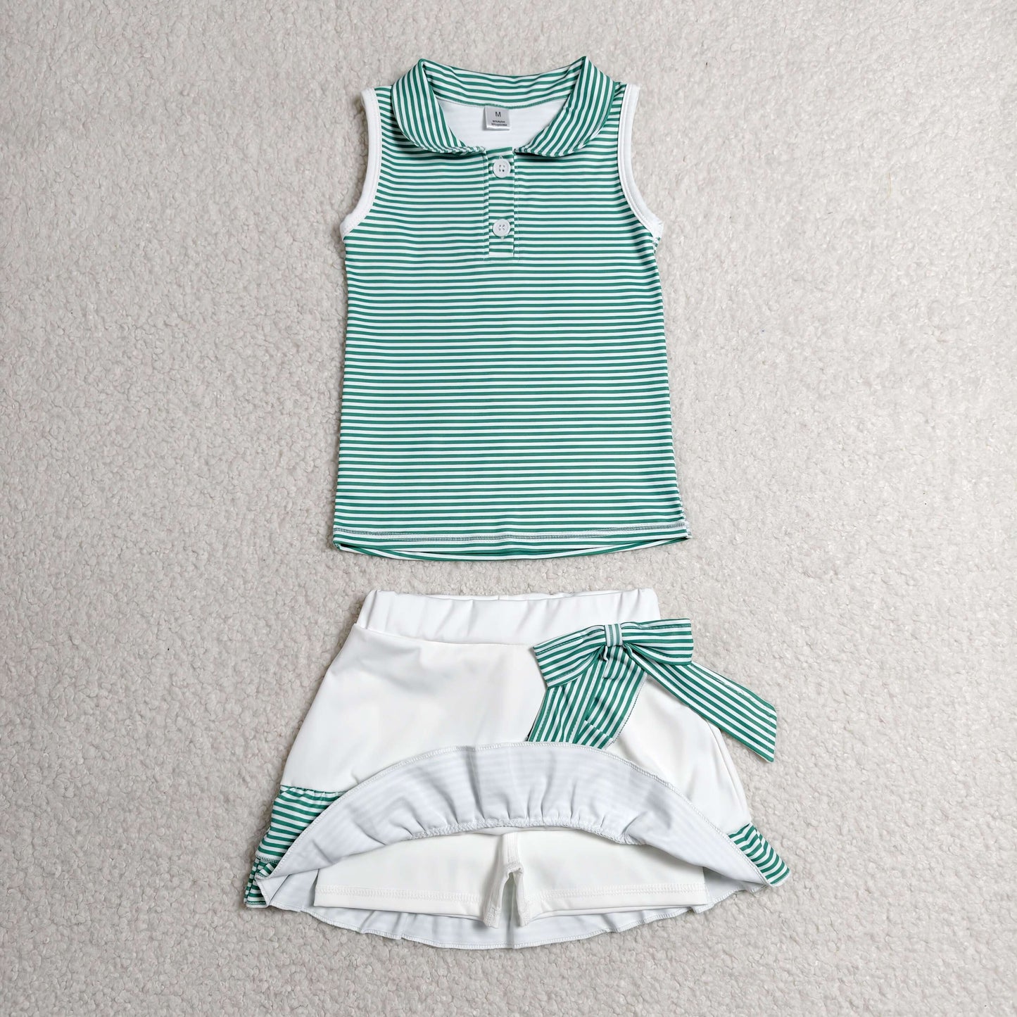 GSD4121 GO TEAM Dark Green Stripe Polo Sleeveless Top with Skirts for Girls Yoga Sets 202606 RTS