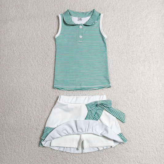 GSD4121 GO TEAM Dark Green Stripe Polo Sleeveless Top with Skirts for Girls Yoga Sets 202606 RTS