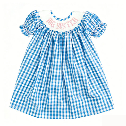 MOQ 5 PCS Preorder GSD4122 Big Sister Letter Blue Plaid Short Sleeve Dresses for Girls 202604