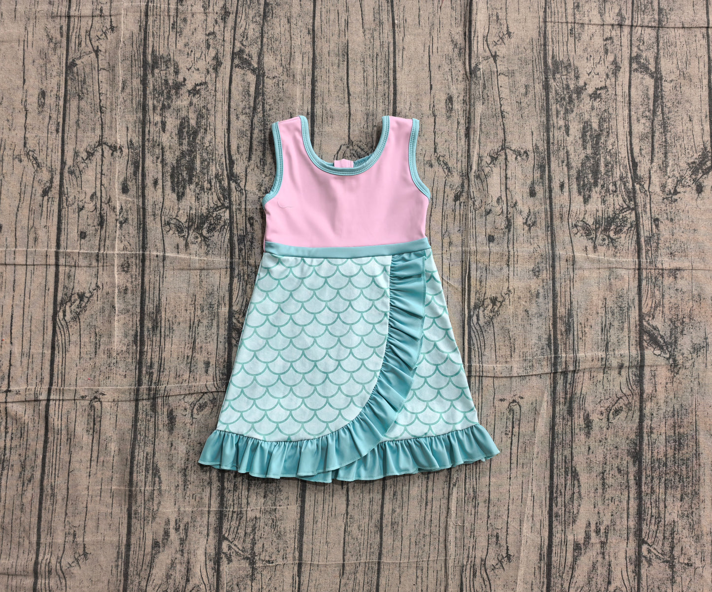 NO MOQ Preorder GSD4125 Cartoon Mint Green Fish Scale Pattern Ruffle Pink Sleeveless Yoga Dresses for Girls 202605