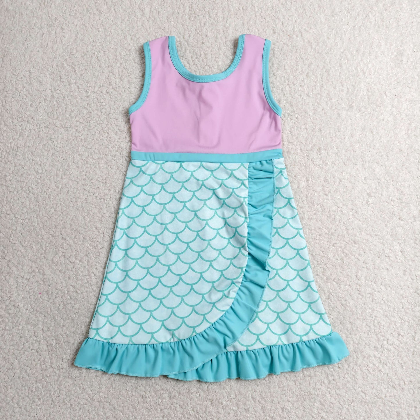 GSD4125 Cartoon Mint Green Fish Scale Pattern Ruffle Pink Sleeveless Yoga Dresses for Girls 202606 RTS