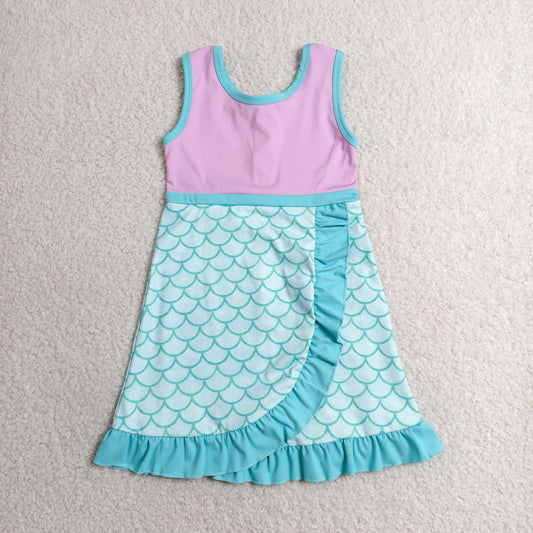 GSD4125 Cartoon Mint Green Fish Scale Pattern Ruffle Pink Sleeveless Yoga Dresses for Girls 202606 RTS