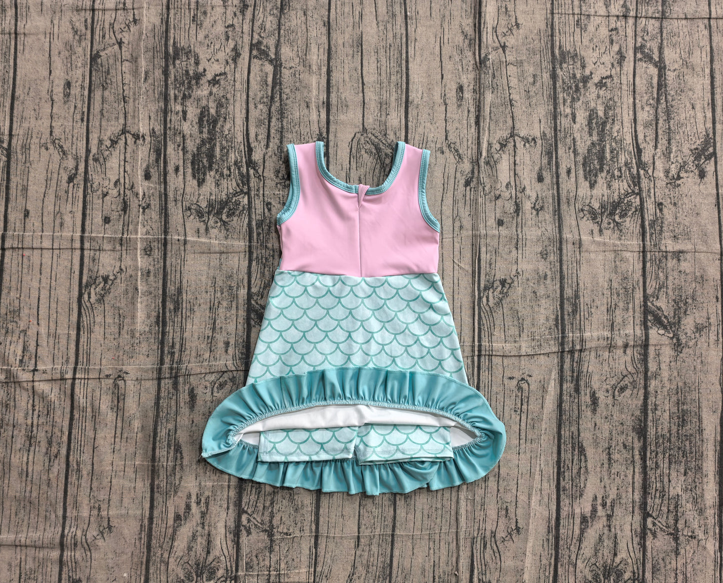 NO MOQ Preorder GSD4125 Cartoon Mint Green Fish Scale Pattern Ruffle Pink Sleeveless Yoga Dresses for Girls 202605