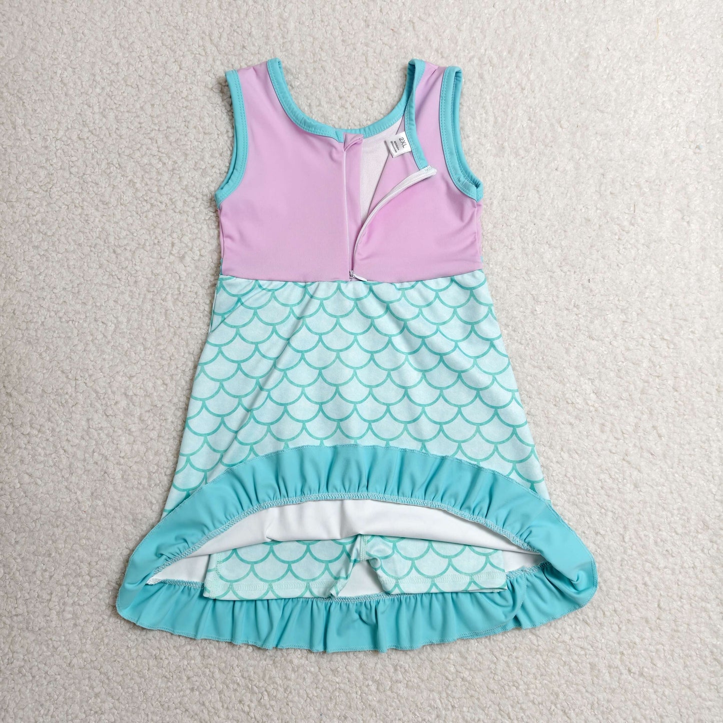 GSD4125 Cartoon Mint Green Fish Scale Pattern Ruffle Pink Sleeveless Yoga Dresses for Girls 202606 RTS
