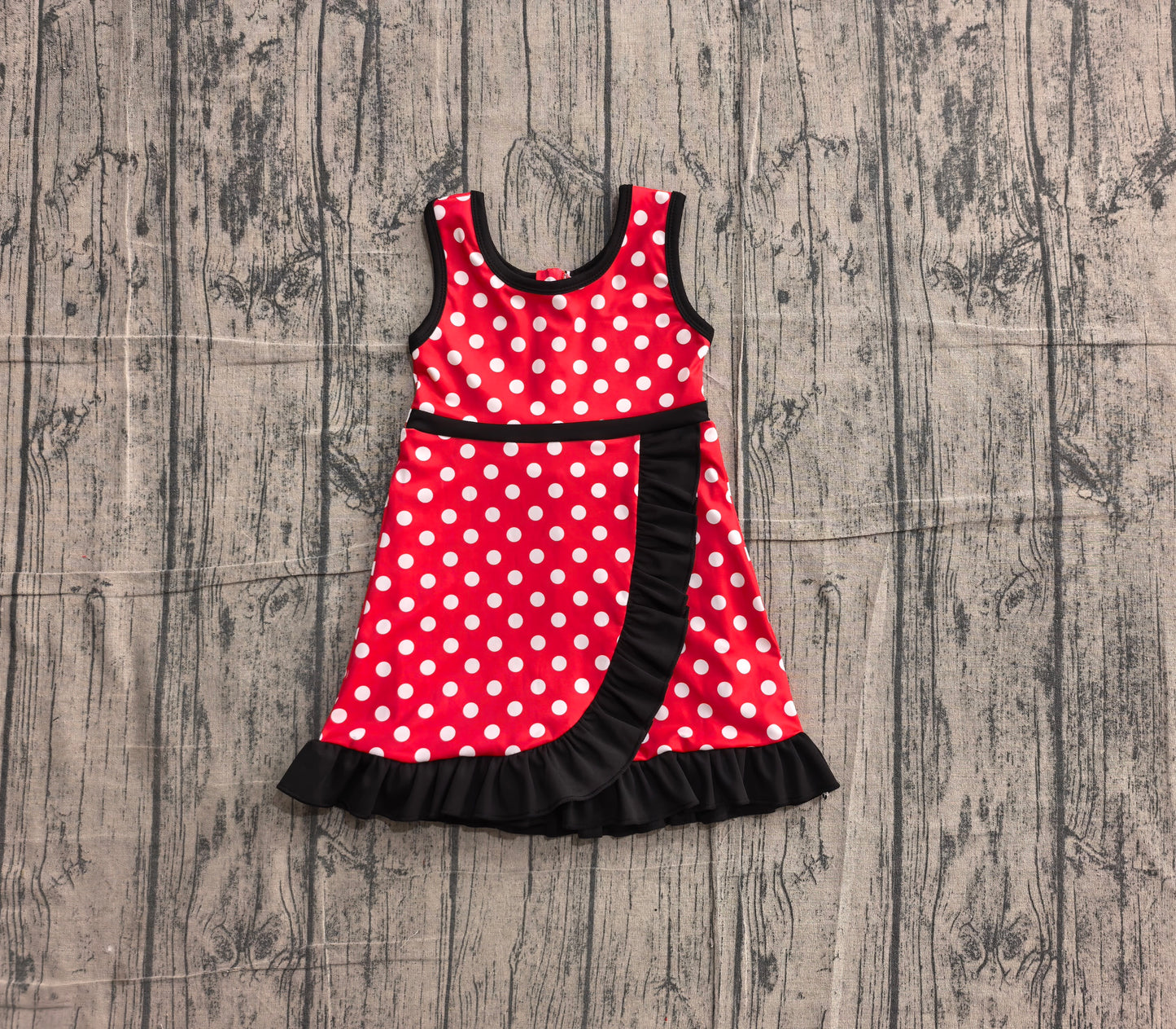 NO MOQ Preorder GSD4128 White Dots Black Ruffle Red Sleeveless Yoga Dresses for Girls 202605