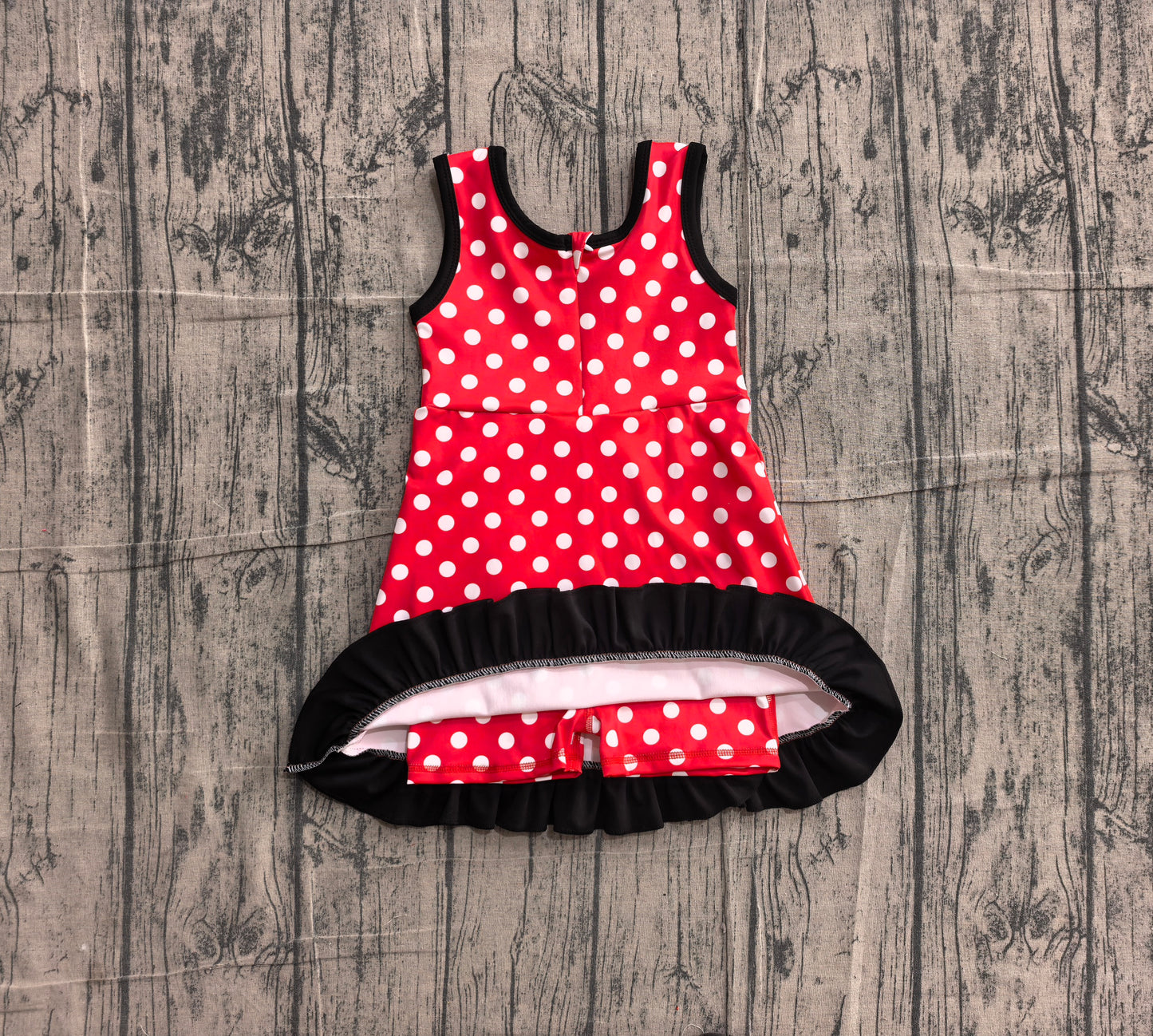 NO MOQ Preorder GSD4128 White Dots Black Ruffle Red Sleeveless Yoga Dresses for Girls 202605