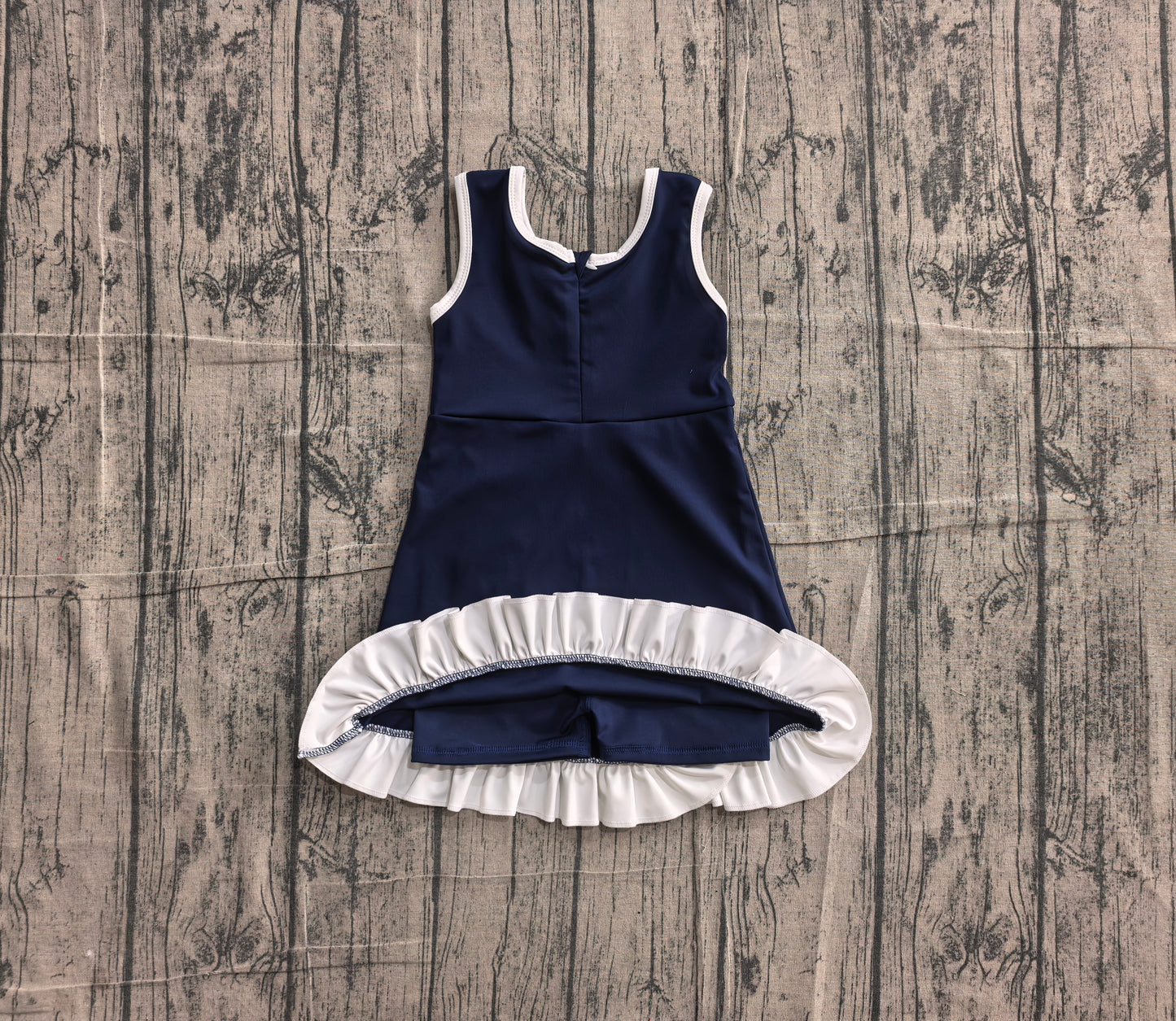 NO MOQ Preorder GSD4145 White Ruffle Navy Sleeveless Yoga Dresses for Girls 202605