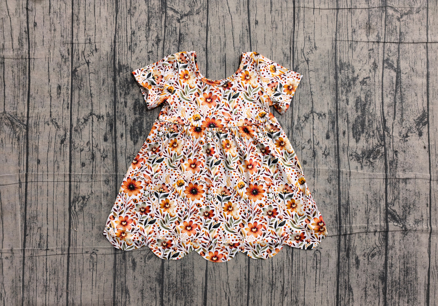 NO MOQ Preorder GSD4155 Orange Flower Leaf Scalloped Short Sleeve Dresses for Girls 202605