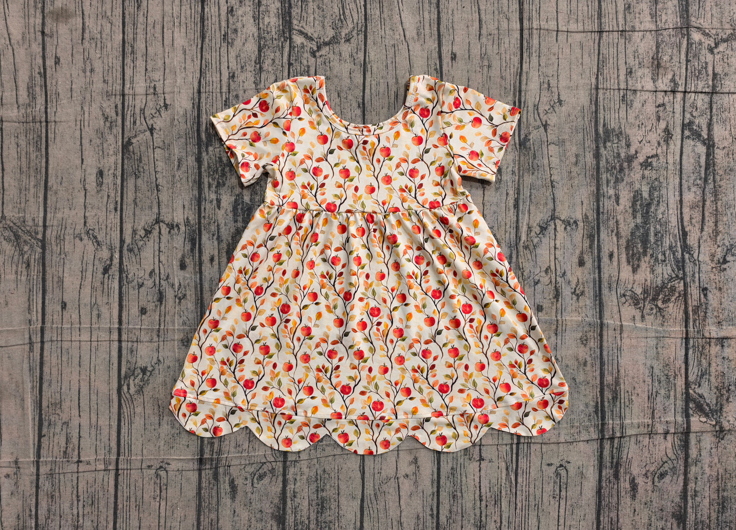 NO MOQ Preorder GSD4156 Back to School Apple Leaf Orange Scalloped Short Sleeve Dresses for Girls 202605