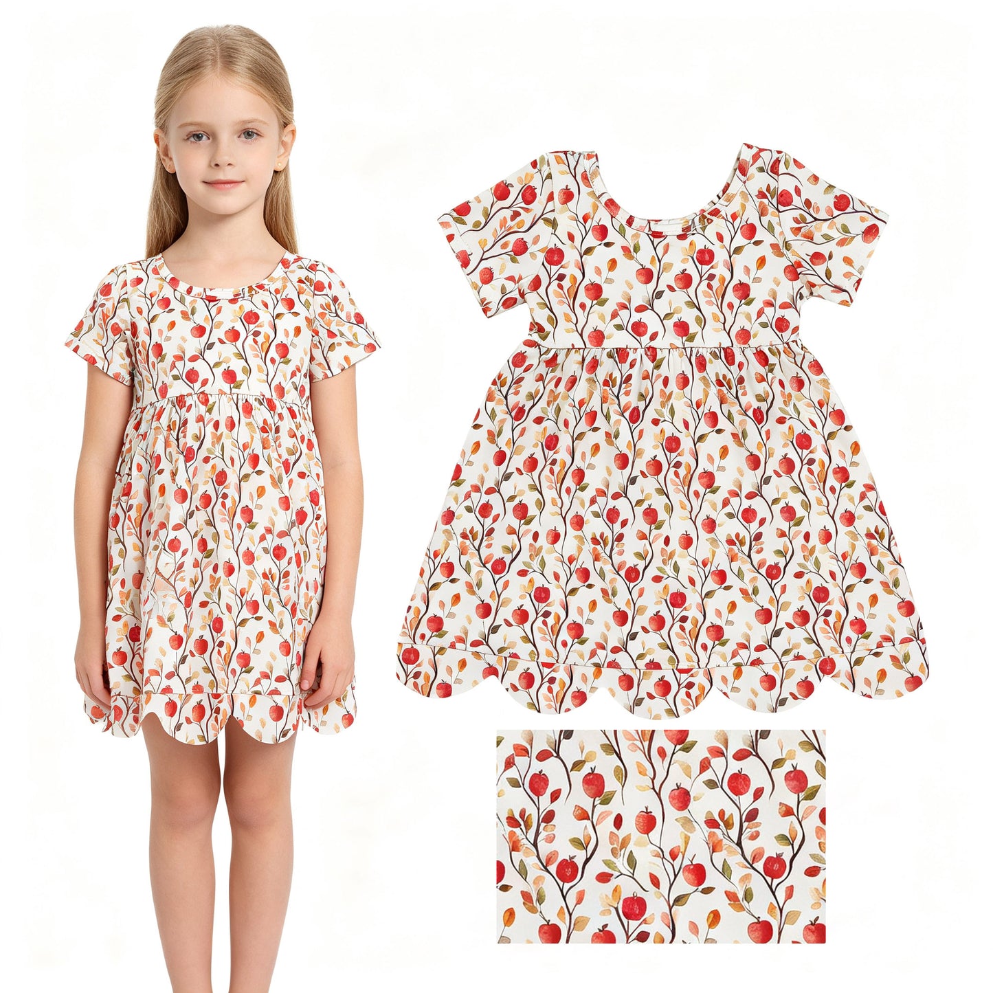 GSD4156 Back to School Apple Leaf Orange Scalloped Short Sleeve Dresses for Girls 202607 RTS