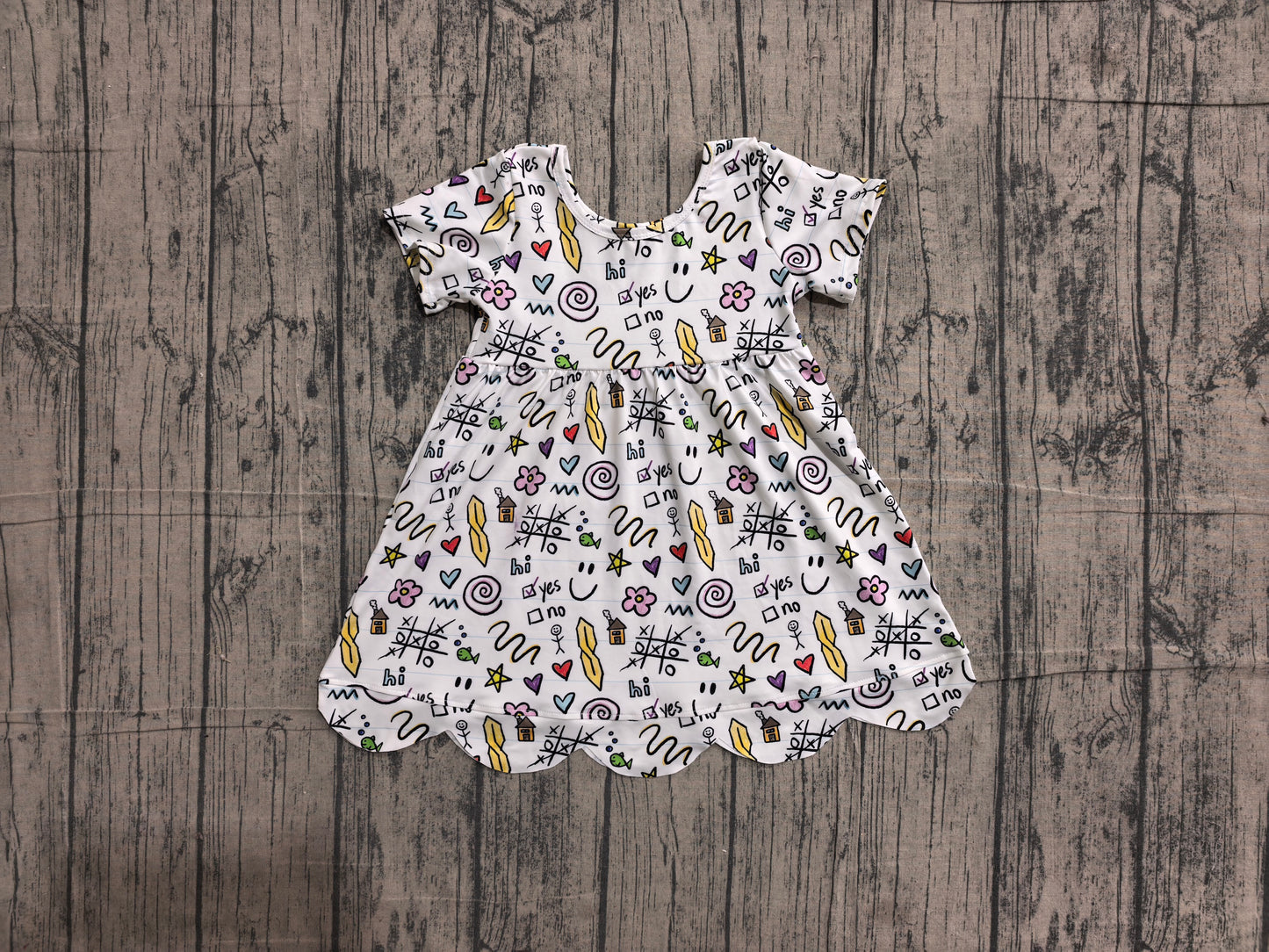 NO MOQ Preorder GSD4157 Back to School ABC Apple Pencil White Scalloped Short Sleeve Dresses for Girls 202605