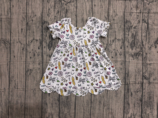 NO MOQ Preorder GSD4157 Back to School ABC Apple Pencil White Scalloped Short Sleeve Dresses for Girls 202605