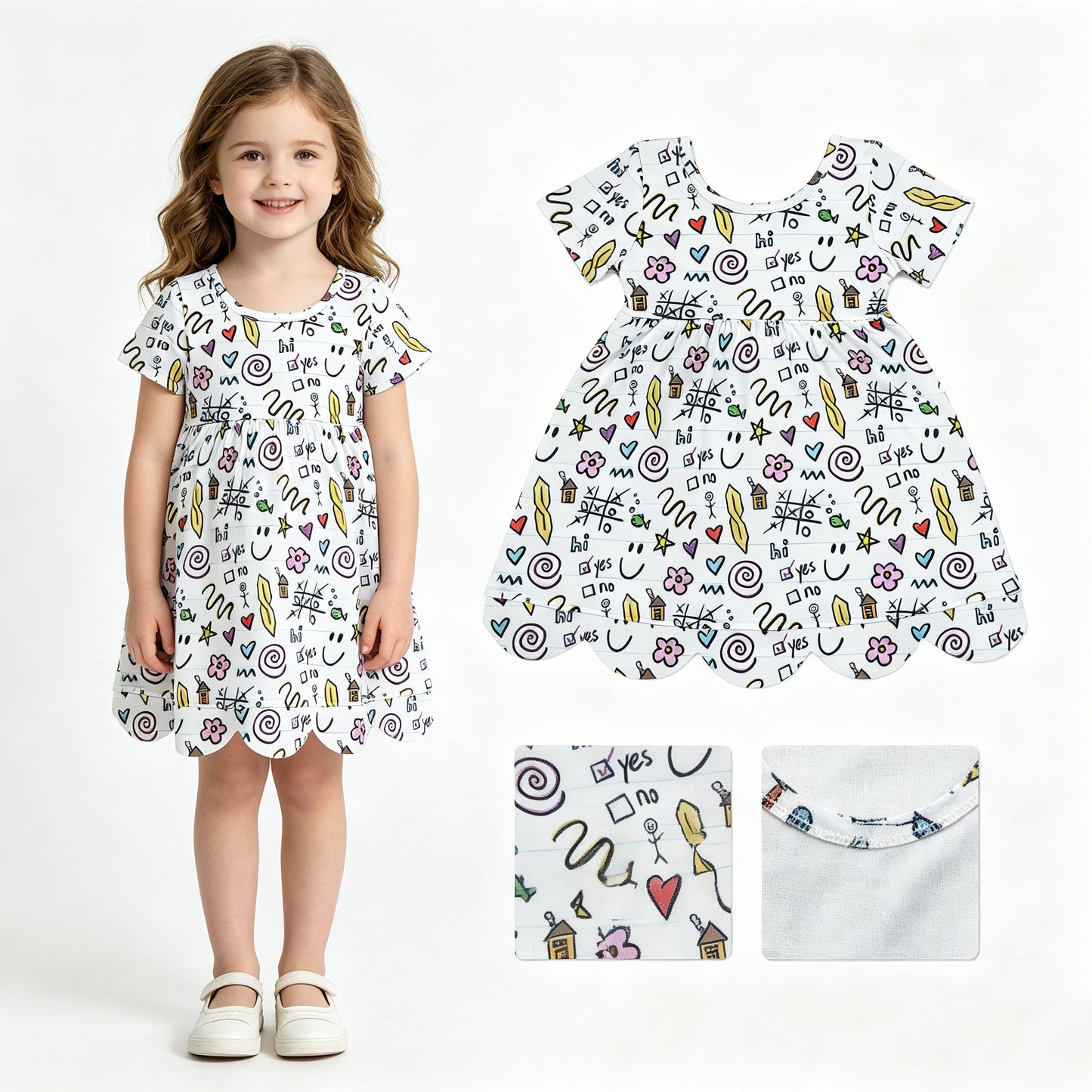 GSD4157 Back to School ABC Apple Pencil White Scalloped Short Sleeve Dresses for Girls 202607 RTS
