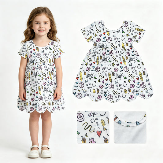 GSD4157 Back to School ABC Apple Pencil White Scalloped Short Sleeve Dresses for Girls 202607 RTS