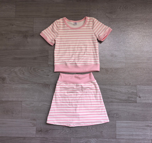 NO MOQ Preorder GSD4159 Pink Stripe Short Sleeve Skirts Yoga Girls Sets 202607