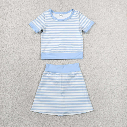 GSD4162 Light Blue Stripe Short Sleeve Skirts Yoga Girls Sets 202606 RTS
