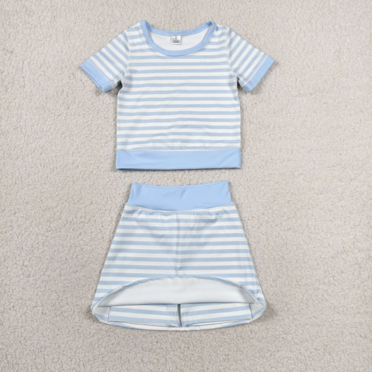 GSD4162 Light Blue Stripe Short Sleeve Skirts Yoga Girls Sets 202606 RTS