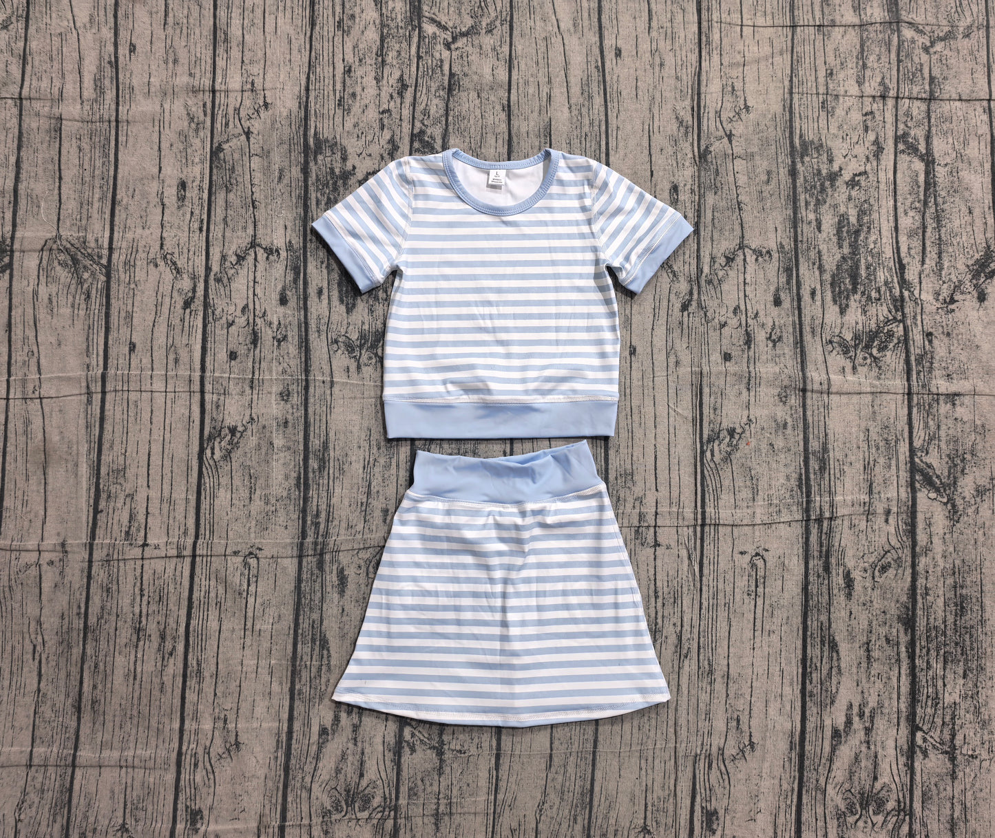 NO MOQ Preorder GSD4162 Light Blue Stripe Short Sleeve Skirts Yoga Girls Sets 202605