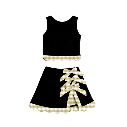 MOQ 30 PCS Preorder GSD4175 Plaid Bows Black Scalloped Wave Ruffle Sleeveless Skirts Yoga Girls Sets 202604